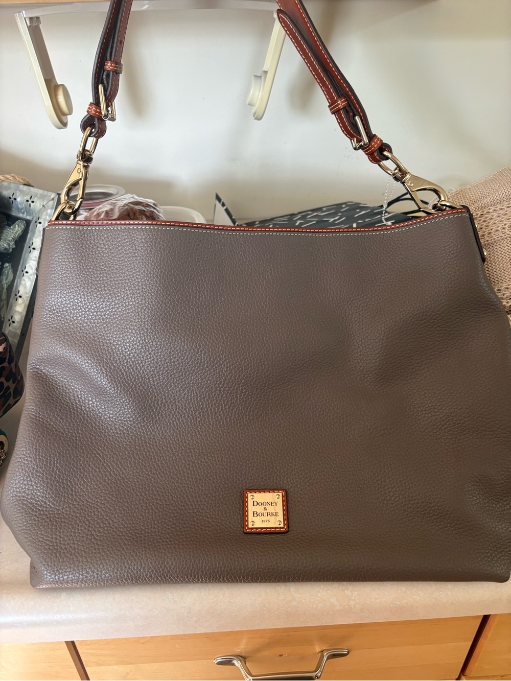 Dooney & Bourke Taupe Pebble Leather Shoulder Bag with Brown Trim